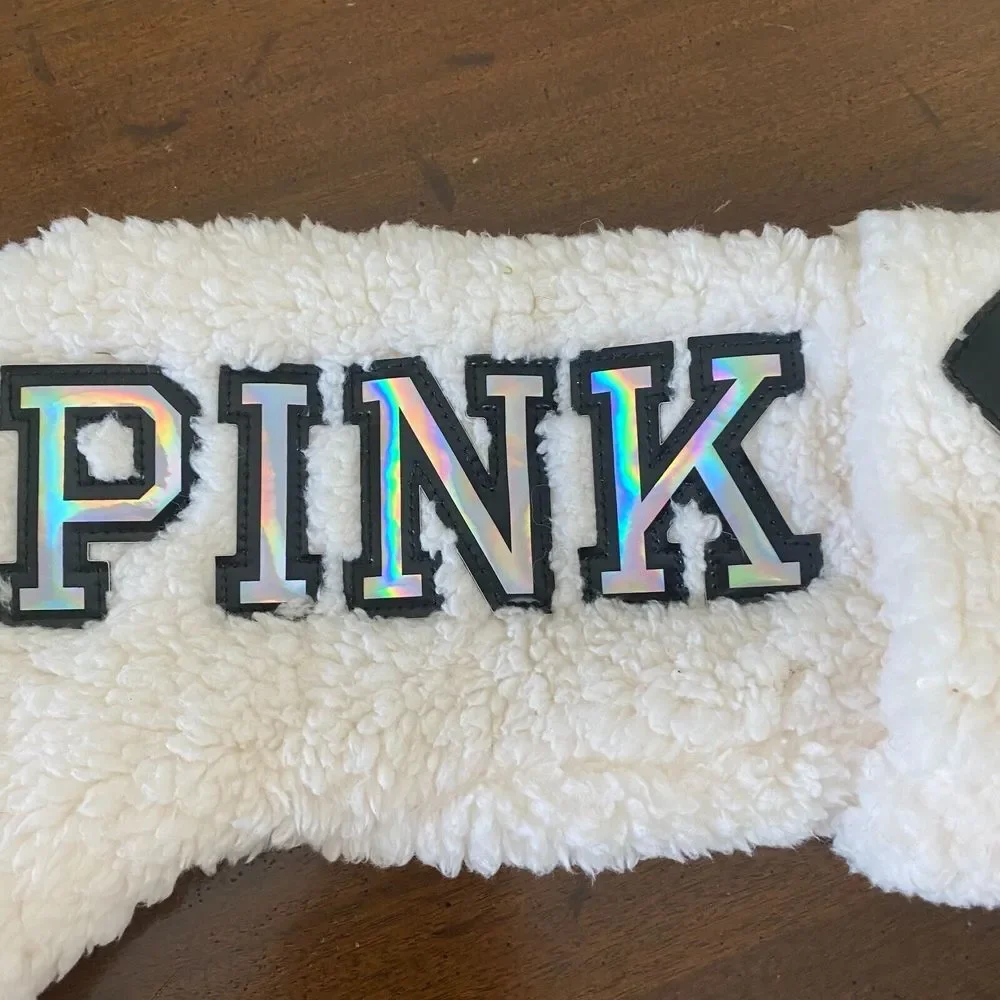 Victoria's Secret PINK Logo Faux Fur Sherpa Ivory Christmas Holiday Stocking - Picture 9 of 10